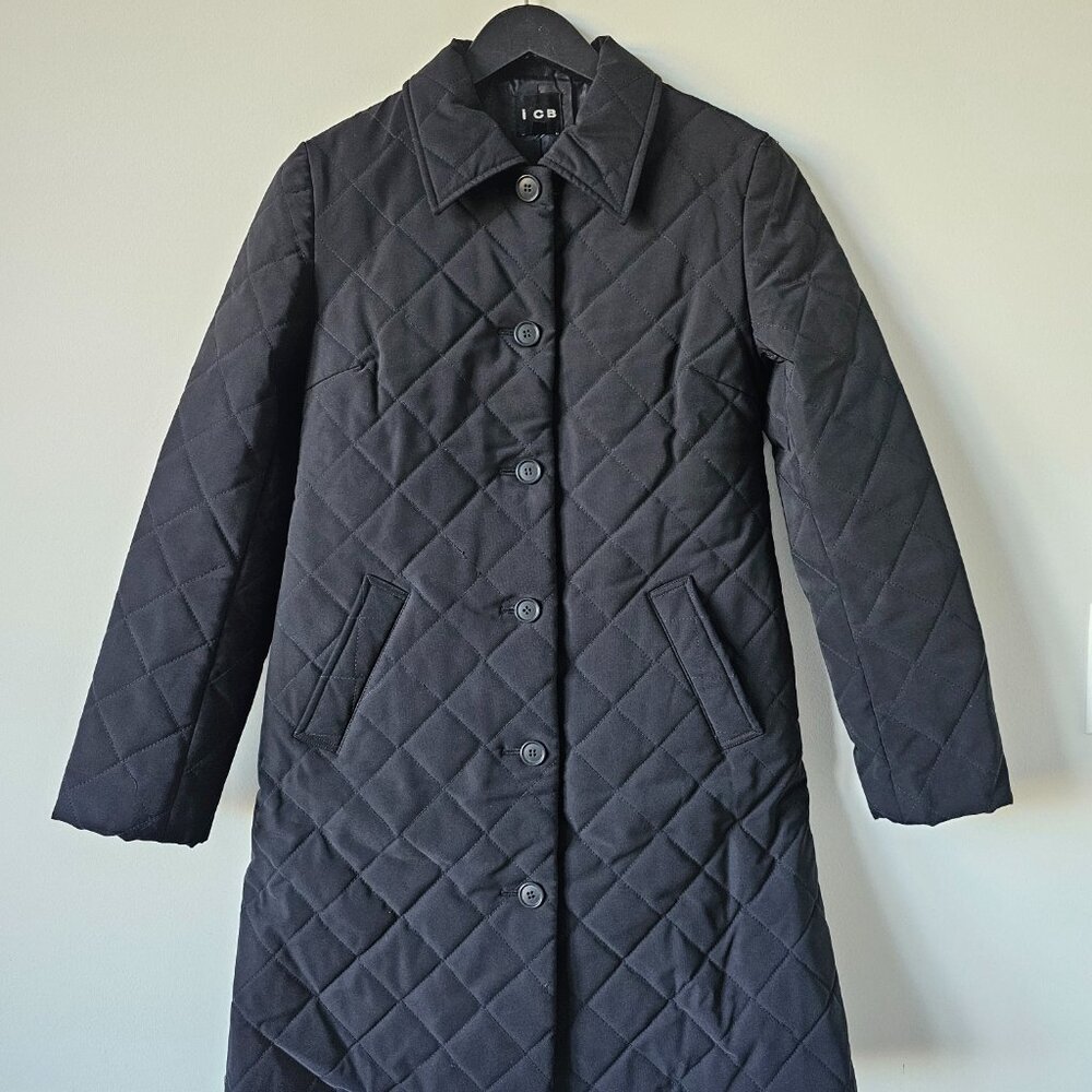 ICB Black Quilted Button Front Long Coat Jacket, US 2, Italy 36, Made in Japan